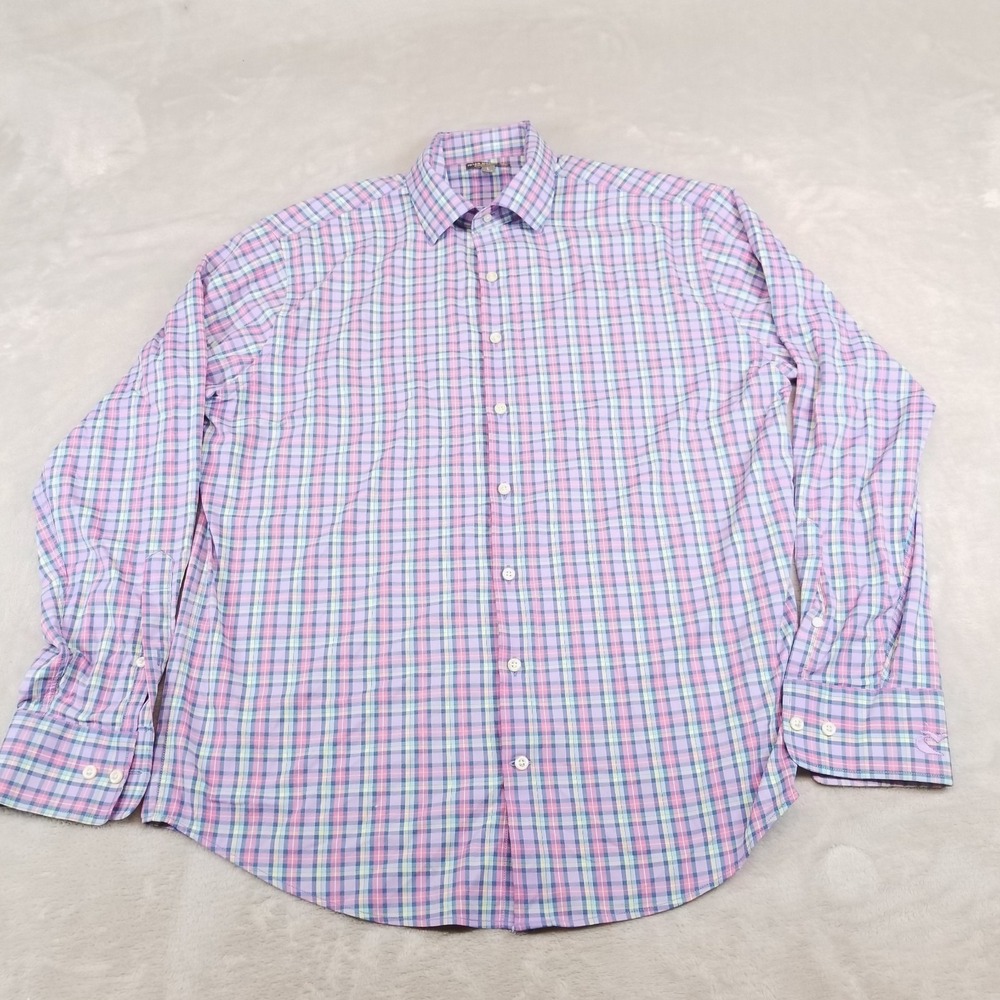 Peter Millar Shirt Mens L Purple Plaid Button‎ Up Summer Comfort Long Sleeve